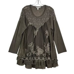 Feratelli Long Sleeve Lagenlook Layered Floral Lace Tunic Brown Womens XL